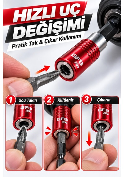 Gfb X-pro Kilitli Bits Adaptörü 60 Mm 1/4" Manyetik Quick Lock Hızlı Uç Değiştirme Aparatı