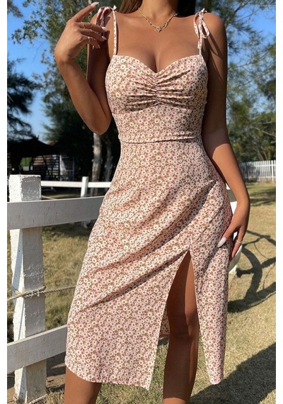 Bella Notte Çiçek Baskılı Düğümlü Askılı Yazlık Elbise Pembe