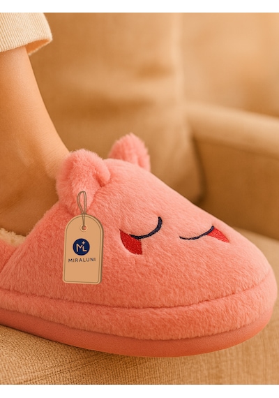 Kadın Pembe Peluş Panduf Ev Terliği Kışlık Sıcak Tutucu, Kaymaz Taban, Sevimli Tasarım Pembe