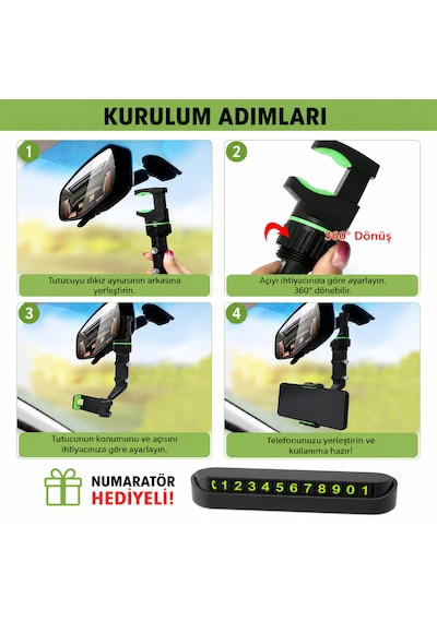 Dikiz Aynası Telefon Tutucu 360 Dönebilen Ayarlanabilir Araç İçi Telefon Standı + Numaratör Hediyeli -