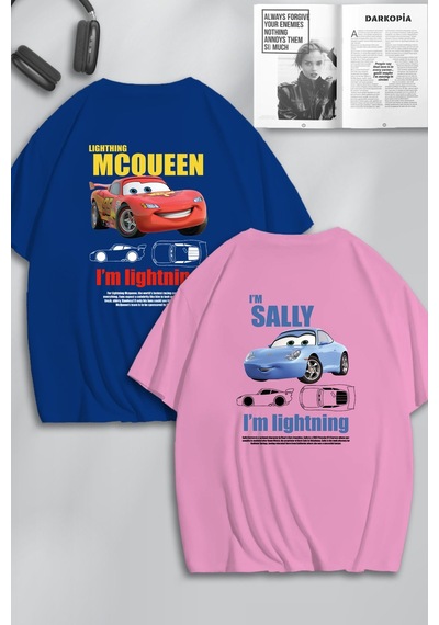 Unisex Kadın Erkek Şimşek Mcqueen & Sally Sırt Baskılı Sevgili Çift Kombini Tasarım Oversize Tshirt Mavi Pembe Mck0477 Çok Renkli