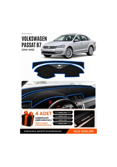 Volkswagen Passat B7 2010-2015 Uyumlu Torpido Örtüsü, Torpido Kılıfı - Siyah Mavi