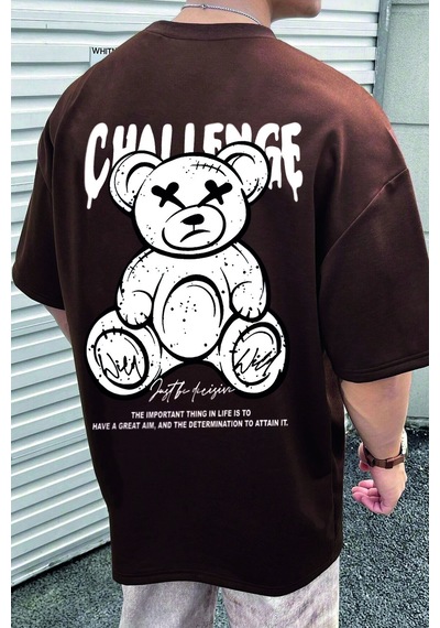 Unisex Chalenge Sırt Baskılı Tasarım Tshirt Kahverengi