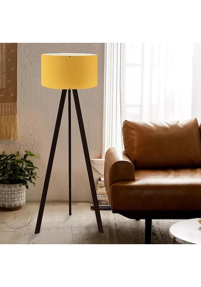Pratik Tripod Ahşap Ayaklı Lambader Köşe Lambası Sarı Kumaş Salon Oturma Odası Sarı