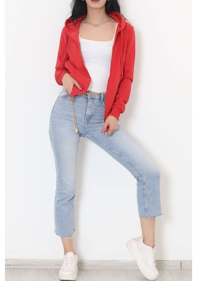 Bensu Store - Kapşonlu Fermuarlı Sweat Kırmızı - 11866.108. 001