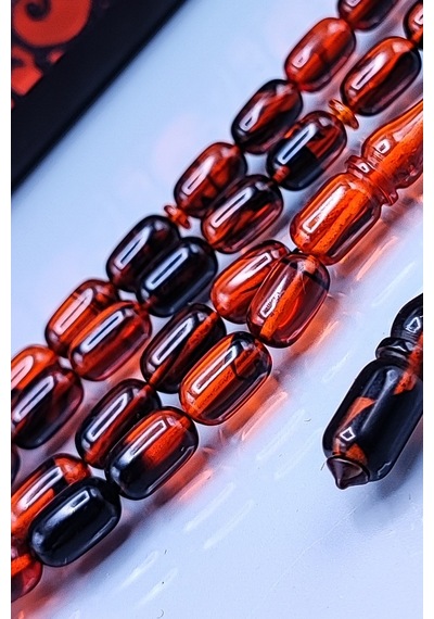 7 x 11 MM Kapsül Mustafa Uysal İmzalı Turuncu Siyah Ateşi Kehribar Tesbih