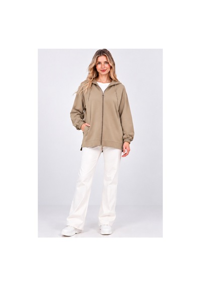 Fiolin Kristal 2 İplik Salaş Fermuarlı Sweatshirt Bej