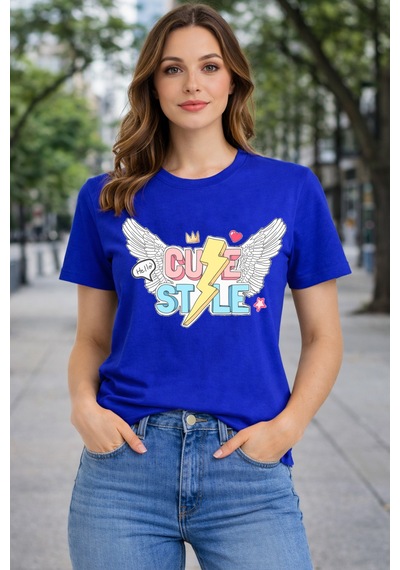 Herkesemoda Cute Stayle Baskı Detaylı Basic T-shırt Mavi
