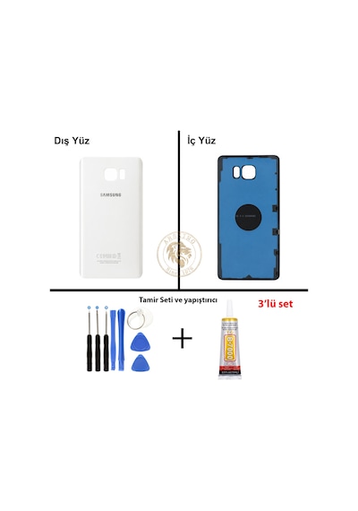Samsung Galaxy Note 5 Beyaz Renk Arka Kapak + Tamir Seti + B7000 Yapıştırıcı Arka Cam Batarya Kapağı Pil Kapağı Lazer Kesim Back Cover Galaxy Note 5 Uyumlu