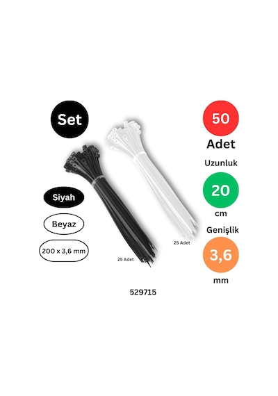 Tek-iş Plastik Kablo Bağı, 200 Mm X 3,6 Mm, Siyah Ve Beyaz, 25'er Adet Diğer