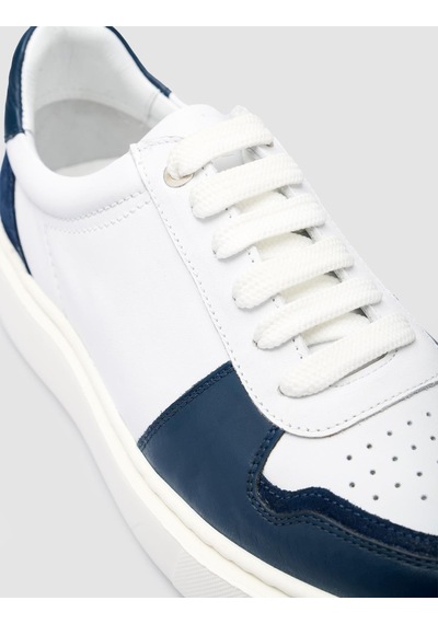 Cabani %100 Hakiki Deri Beyaz - Mavi Bağcıklı Erkek Sneaker Beyaz