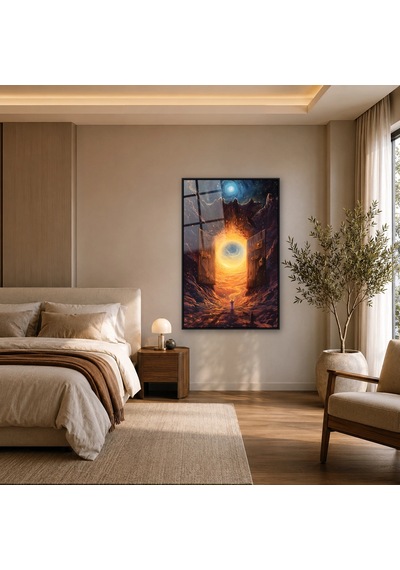 Kozmik Kapıdan Yayılan Altın Işık Siyah Çerçeveli Cam Tablo
