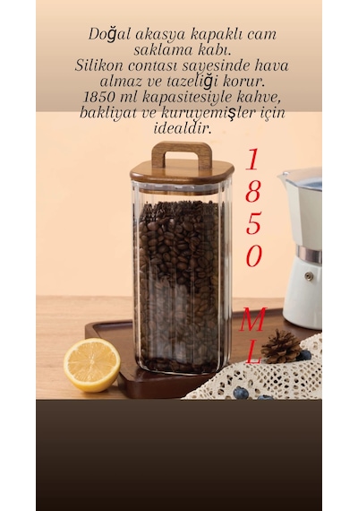Akasya Kapaklı Cam Kavanoz 1850 Ml Büyük Boy Kahve, Bakliyat & Kuruyemiş Saklama Kabı Kahverengi - Şeffaf