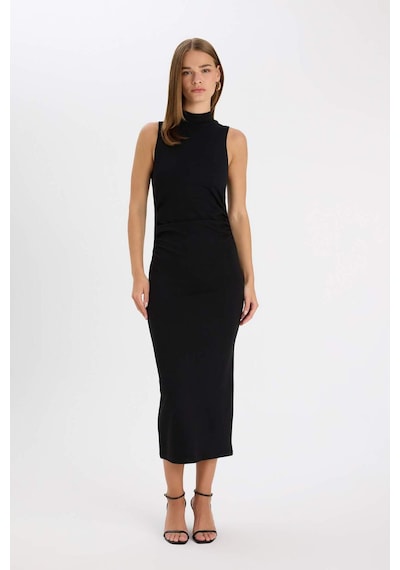 DeFacto Bodycon Vücudu Saran Yarım Balıkçı Yaka Kolsuz Maxi Siyah Abiye Elbise D5067AX24AUBK81