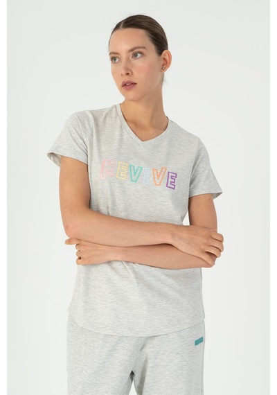 Maraton Regular Kadın V Yaka Ekru T-shirt Ekru