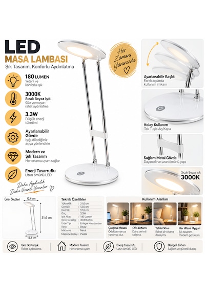 Led Masa Lambası 3.3w 180 Lumen 3000k Sıcak Beyaz Ayarlanabilir Başlıklı Çalışma Ve Ders Lambası