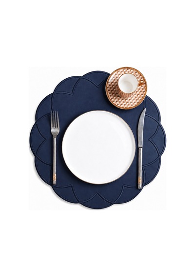 Nakışlı Deri Amerikan Servis 2'li Set Çift Taraflı Yuvarlak Supla 40x40 Cm Vance Lacivert