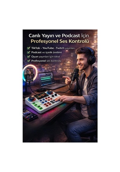 Canlı Yayın Ses Kartı Bluetooth Podcast Ses Mikseri, 12 Ses Efekti Ve Voice Changer Özellikli, 3.5mm Stereo Çıkı