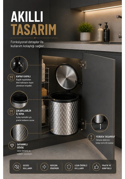 Banyo, Mutfak Dolabı İçi 11 Litre Metal Çöp Kovası – Krom, Tüm Dolaplara Uyumlu Tezgah Altı Çöp Kovası