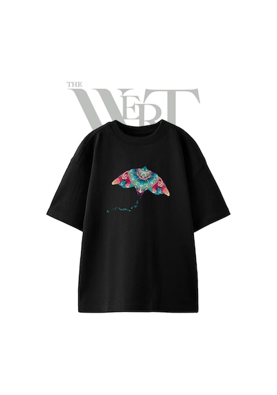 Thewert Mandalali Manta Ucurtma Tasarım Baskılı Ünisex Siyah Oversize T-shirt