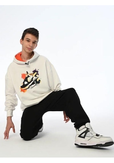 Marions Erkek Çocuk Spor Ayakkabı Baskılı Kapüşonlu Sweatshirt-13543 Ekru