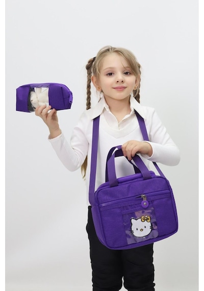 Kız Çocuk Hello Kitty Temalı 3 Lü Okul Çanta Seti Sırt Çantası Termal Beslenme Çantası Kalemlik Mor