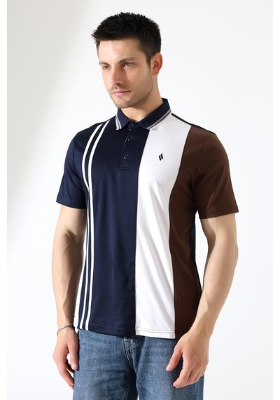 Rıbana Classıc Erkek Çizgili Şerit Detaylı Pamuklu Polo Yaka T-shirt Lacivert