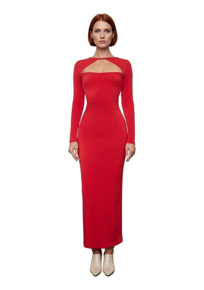 Ersefa Fashion Forward Kadın Bodycon Maxi Elbise Uzun Kollu Bisiklet Yak Kırmızı