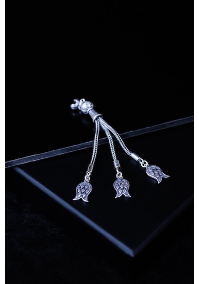 Encili Silver 925 Ayar Gümüş Üç Sallantılı Lale Detaylı Tesbih Püskülü Gümüş