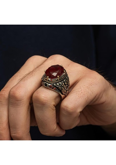 Oval Kırmızı Paraiba Taşlı 925 Gümüş Erkek Yüzük Beyaz