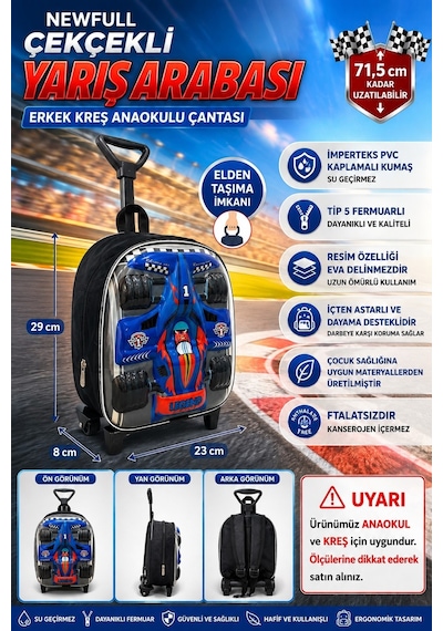 Çekçekli Yarış Arabası Erkek Anaokul Kreş Sırt Çantası Lacivert-kırmızı-siyah