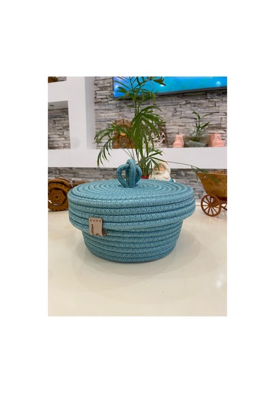 Hasır Jüt Sepet Oval Kapaklı Organizer Düzenleyici 30x20x10 Cm Turkuaz Turkuaz