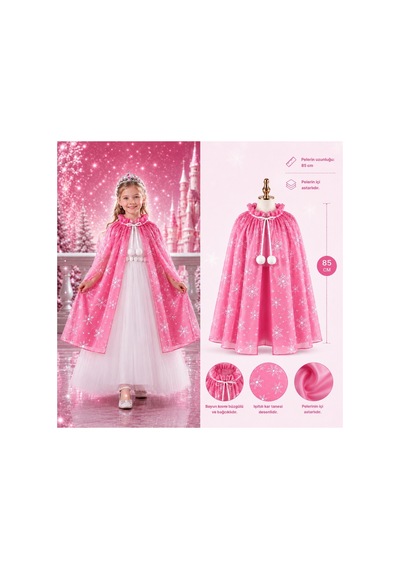 Kar Tanesi Desenli Pembe Elsa Pelerini - Astarlı Frozen Pelerini 85 Cm 5671 Çok Renkli