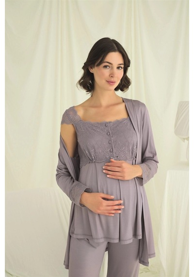 L'ombre Dantelli Önü Düğmeli Hamile Lohusa 3lü Pijama Takımı