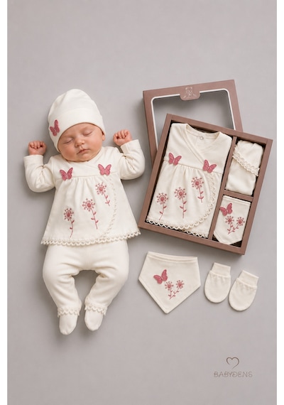 Babyden's Yenidoğan Kız Bebek Mevlit Takımı %100 Pamuk 5'li Hastane Çıkışı Kelebek Nakışlı Set Ekru