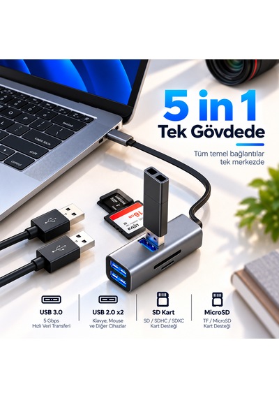 Woyax 5 İn 1 Type-c Usb Hub Çoklayıcı Dönüştürücü Converter Usb 3.0 2x Usb 2.0 Sd Microsd Tf Kart Okuyucu Macbook Laptop Ve Tablet Uyumlu