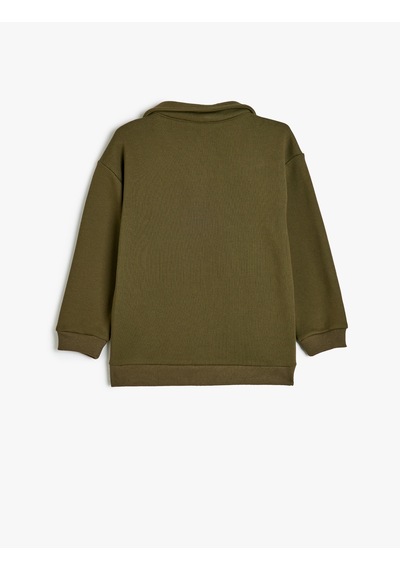 Koton Polo Yaka Sweatshirt At Baskılı Uzun Kollu Şardonlu Haki 5wkb10406tk Haki