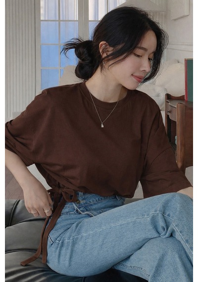 Kadın Oversize Basic Haki Tişört Yan Bağlamalı Rahat Kesim Günlük Yazlık T-shirt Kahverengi