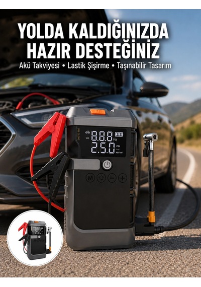 Mey İthalat Işıklı Hava Kompresörlü Taşınabilir Akü Takviye Ünitesi Yeni Nesil