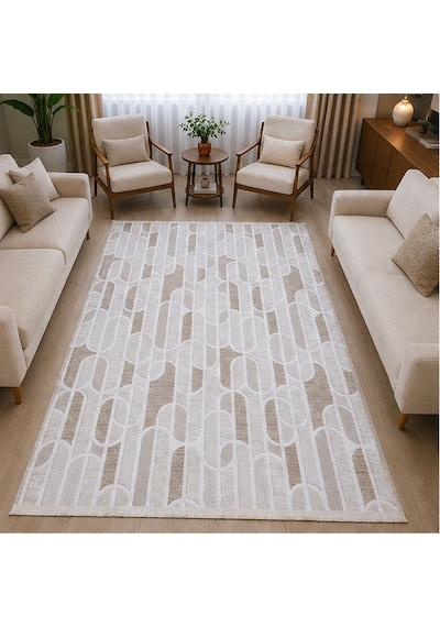 Krem Bej Geometrik Oval Desenli Saçaklı Kaymaz Jel Tabanlı Modern Halı 1