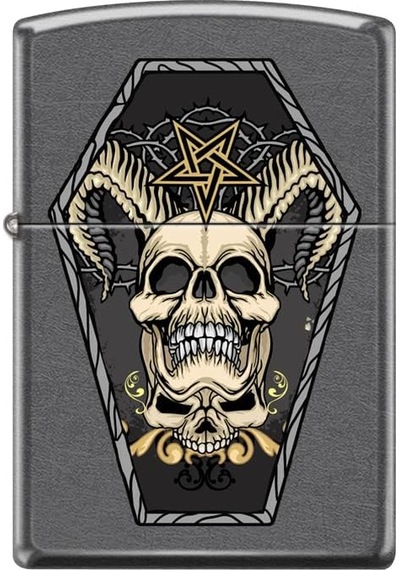 Zippo Horned Skull And Inverted Pentagram İn Coffin - Classic Gray Dizayn Çakmak Gri