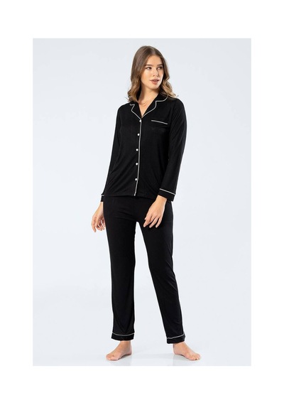 Türen Kadın Uzun Kol Gömlek Yaka Pijama Takım Siyah L