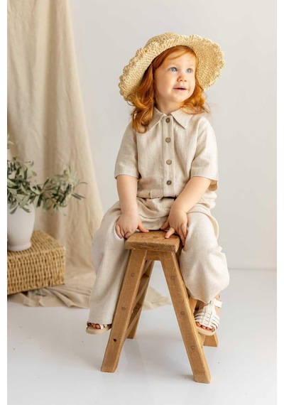 Oliven The Kid Oliventhekid Bej Naturel Keten Önden Düğmeli Beli Pileli Kısa Kol Kız Çocuk Tulum Bej Bej