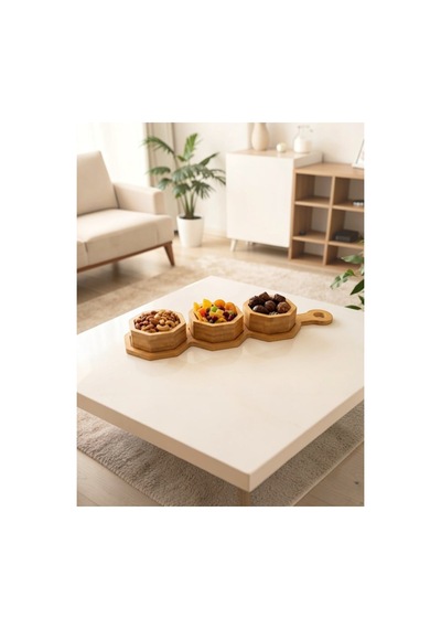 3 Lü Bambu Çerezlik-standlı Lokumluk-dekoratif Sunumluk Bej Bej