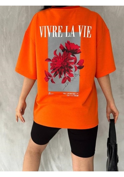 Flood Of Style Kadın Turuncu Vivre La Vie Baskılı Oversize Bisiklet Yaka Penye Tişört