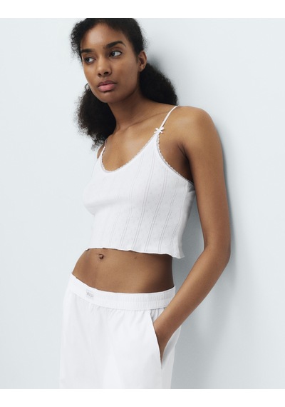 Marks & Spencer Saf Pamuk Pointelle Askılı Pijama Üstü T37003724T Beyaz