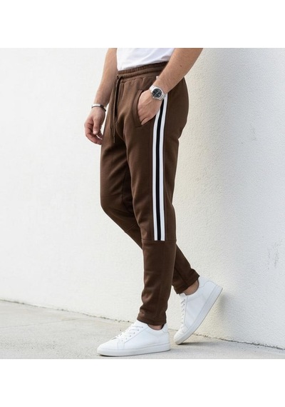 Plus Scorpion Erkek Slim Fit Pamuklu Eşofman Altı Yan Şerit Detaylı Günlük Kahverengi