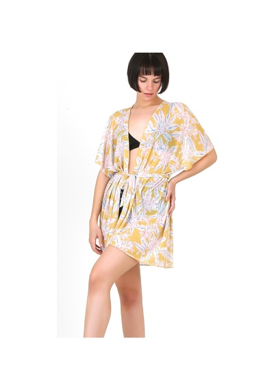 Pareo Plaj Elbisesi Kimono Std Yazlık Oversize Tül Gömlek Kemerli Elbise Çiçekler Sarı