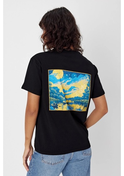Yapay Zeka Tasarım Sırt Aplike Özel Baskılı %100 Pamuklu Penye Regular Fit T-shirt Vangogh SIYAH