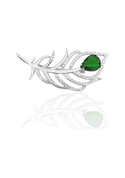 Oya Silver Damla Zümrüt Taşlı Zarif Yaprak Gümüş Broş 4.4x2cm Yeşil